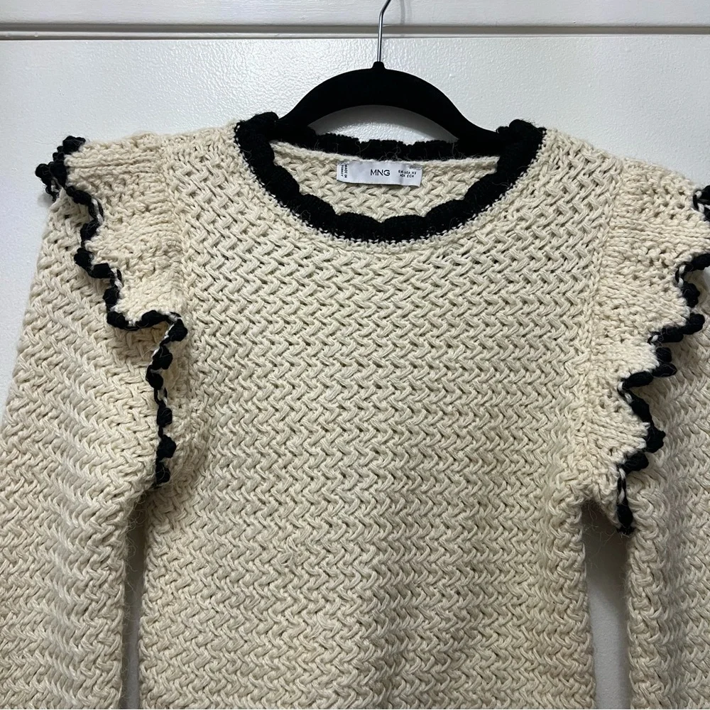 Mango Ruffle Flare Sleeve Sweater Open Knit Cream Black XS Crewneck Pullover - Picture 4 of 11